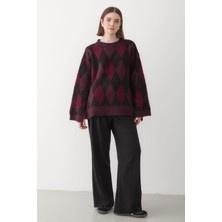 Jaste  Kadın Oversize Argyle Desenli Triko Kazak SİYAH-BORDO