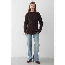 Jaste  Kadın Örgü Desenli Triko kazak KAHVERENGİ