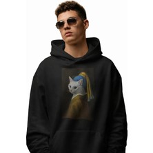 Muhtar Store Inci Küpeli Kedi Baskılı Siyah Hoodie –  Unisex Kapüşonlu Sweatshirt