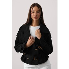 Nihanello Butik Siyah Crop Trençkot