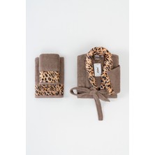 Ellaline Leopar Desenli Bornoz Takımı %100 Pamuk Sertifikalı, 3 Parça, Bej Renk