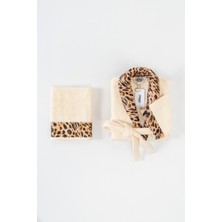 Ellaline Leopar Desenli Bornoz Takımı %100 Pamuk Sertifikalı, 2 Parça, Krem Renk