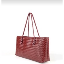 Özüm Takı Çanta Kadın Fermuarlı Örgü Detay Baget El ve Omuz Çantası Bordo