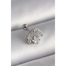 Skygo 316L Çelik Gümüş Renk Zirkon Taşlı Ay Yıldız Tragus Piercing - TJ-PR1257