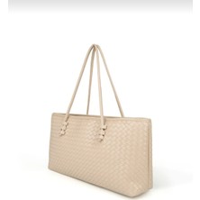 Özüm Takı Çanta Kadın Fermuarlı Örgü Detay Baget El ve Omuz Çantası Krem