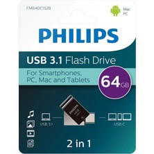 Verto Phılıps FM64DC152B, 64GB, USB 3.1 ve Type-C, Ikisi Bir Arada, Gece Siyahı, Flash Disk
