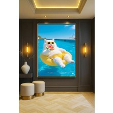 Wallivo Karpuz Yerken Yüzen Kedi Evcil Hayvan Temalı Gold Metal Çerçeveli Kanvas Tablo