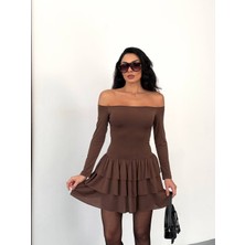 Cuyka Kadın Mini Elbise Sandy Kumaş Off Shoulder Kat Kat Volanlı