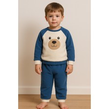 Bubito Ayıcık Nakışlı Bebek&çocuk Kışlık Peluş Welsoft Alt Üst Takım-Mavi