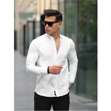 Comstar Erkek A Kalite Keten Slim Fit Kapaksız Hakim Yaka Uzun Kol Gömlek