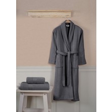 Ellaline 3 Parça Bornoz Seti %100 Pamuk Sertifikalı, Şalyakalı Bornoz Vücut ve Baş Havlusu Takımı Antrasit