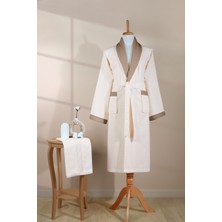 Ellaline Çizgili Bornoz Seti %100 Pamuk Sertifikalı, 2 Parça, Kontrast Yaka Şalyaka Bornoz Takımı Krem