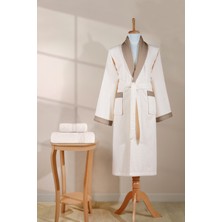 Ellaline Çizgili Bornoz Seti %100 Pamuk Sertifikalı, 3 Parça, Kontrast Yaka Şalyaka Bornoz Takımı Krem