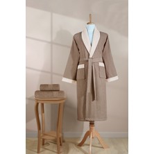 Ellaline Çizgili Bornoz Seti %100 Pamuk Sertifikalı, 3 Parça, Kontrast Yaka Şalyaka Bornoz Takımı Bej