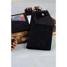 Quska Kişiye Özel Isimli El Yapımı Hakiki Deri Siyah Cüzdan Tip Kartlık+Anahtarlık Hediyelik Set - Grain Slim