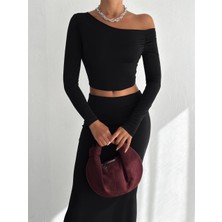 Cuyka Kadın Tek Omuz Crop Bluz & Yüksek Bel Uzun Etek Sandy Kumaş Ikili Takım