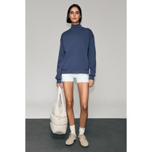 Urban Beat Xenya Kadın Polarlı Yumuşak Balıkçı Yakalı Baskı Detaylı Cepli Regular Indigo Sweatshirt