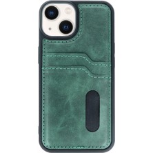 Marsilyan  iPhone 14 Kılıf Sara Kartvizitli Deri Kılıf - Koyu Yeşil