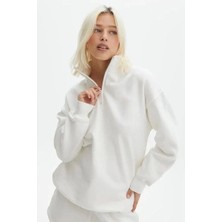 Unisex Uzun Kol Yarım Farmuarlı Yakalı Basic Sweatshirt - Beyaz