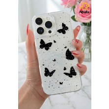 Fibaks Apple iPhone 12 Pro Max Uyumlu Kılıf Simli Siyah Kelebek Desenli Renkli Parlak Darbe Emici Kapak
