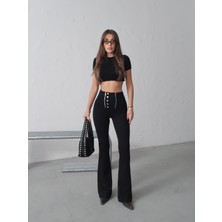 Gümüş Aksesuarlı Fermuarlı Push Up Çelik Tayt Pantolon