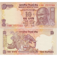 Banknoting Hindistan 10 Rupi 2008 Güzel Seri Nolu 777722 Mahatma Gandhi Temalı. Çil.