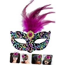 Ayder Timya Siyah Kadife Üzeri Rengarenk Payetli Pullu Pembe Tüylü Pembe Taşlı Parti Maskesi 19x21 cm TG/Tmya1395 211864