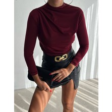 Cuyka Kadın Yarım Balıkçı Yaka Drapeli Uzun Kollu Sandy Kumaş Bluz