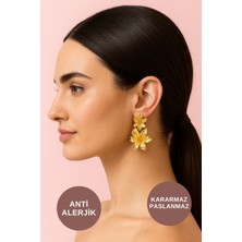 Kayoubi Kadın Antialerjik Kararmaz Suya Dayanıklı Günlük Gece Abiye Için Taşlı Büyük Çiçek Gold Çelik Küpe