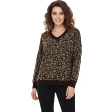 Lavella Kadın V Yaka Leopar Desen Sakallı Triko Kazak BGL-ST05079