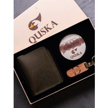 Kişiye Özel Isimli El Yapımı Hakiki Deri Yeşil Cüzdan+Anahtarlık Hediyelik Set- Grain Minimal