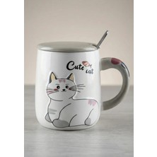 3 Adet Tutku Porselen Kupa Kapaklı Kaşıklı Cute Cat