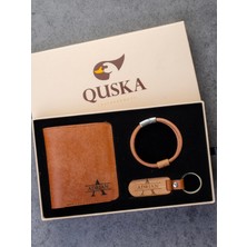 Kişiye Özel Isimli El Yapımı Hakiki Deri Taba Cüzdan+Anahtarlık+Bileklik Hediyelik Set - Grain Fold