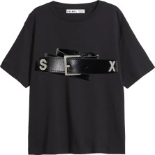Cinema Moda Hot Belt Baskılı Relaxed Fit Siyah Kadın Tshirt