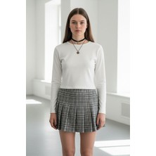 Madmext Gri %100PAMUKLU Ekose Desen Pileli Mini Şort Etek MG2629