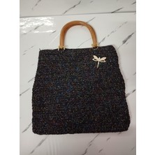 CLK VELA  SİMLİ MAKROME KEMİK SAPLI EL ÖRMESİ SİYAH EL ÇANTASI