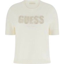 Guess Kısa Kollu Bisiklet Yaka Norah Logolu Triko Kadın Beyaz Triko W6RR47Z2NQ2-G012