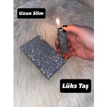 Lüks Taş Moni Metal Taş Kaplama Çakmak ve Sigara Kutusu Seti – Gümüş Kristal Taşlı, Premium Tasarım, Şık Hediye[ uzun slım ]