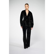 Thalure Kadın Siyah Balon Kol Kadife Blazer