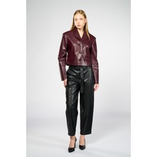 Thalure Kadın Bordo Crop Deri Blazer Ceket