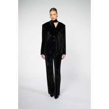 Thalure Kadın Siyah Bele Oturan Şal Detaylı Kadife Blazer