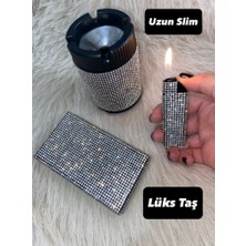 Uzun Slim Lüks Taşlı Kutu Çakmak ve Küllük Metal Malzeme ile Şık Hediye Seçeneği