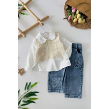 Miniğimin Cicileri Örgü Desenli 3 Lü Papatya Kotlu Kız Çocuk Takım - Krem