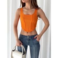 Qutta Kadın Kare Yaka Korse Görünümlü Fitilli Kadın Crop Bluz