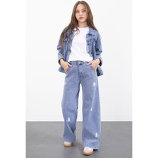 Cansın Mini Mavi Kelebek Nakışlı Düğmeli Ceketli Pantolonlu Kız Çocuk Jean Takım 23446