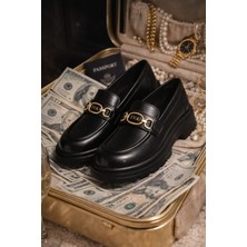 Slipcat Kadın Kalın Taban Ortopedik Comfort Taban Deri Görünümlü Loafer – Siyah