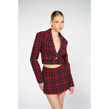 Thalure Kadın Kırmızı Ekoseli Crop Blazer