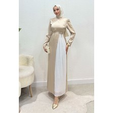 Tesettür Diyarı Henna Fiyonk Detaylı Krep Saten Tesettür Abiye- Krem