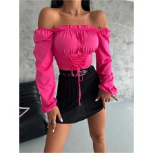 Qutta Kadın Balon Kol Bağlamalı Korse Görünümlü Madonna Yaka Dalgıç Kumaş Crop Bluz