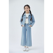 Cansın Mini Mavi Dantel Detaylı Jean Ceketli ve Pantolonlu Kız Çocuk 3lü Takım 23499